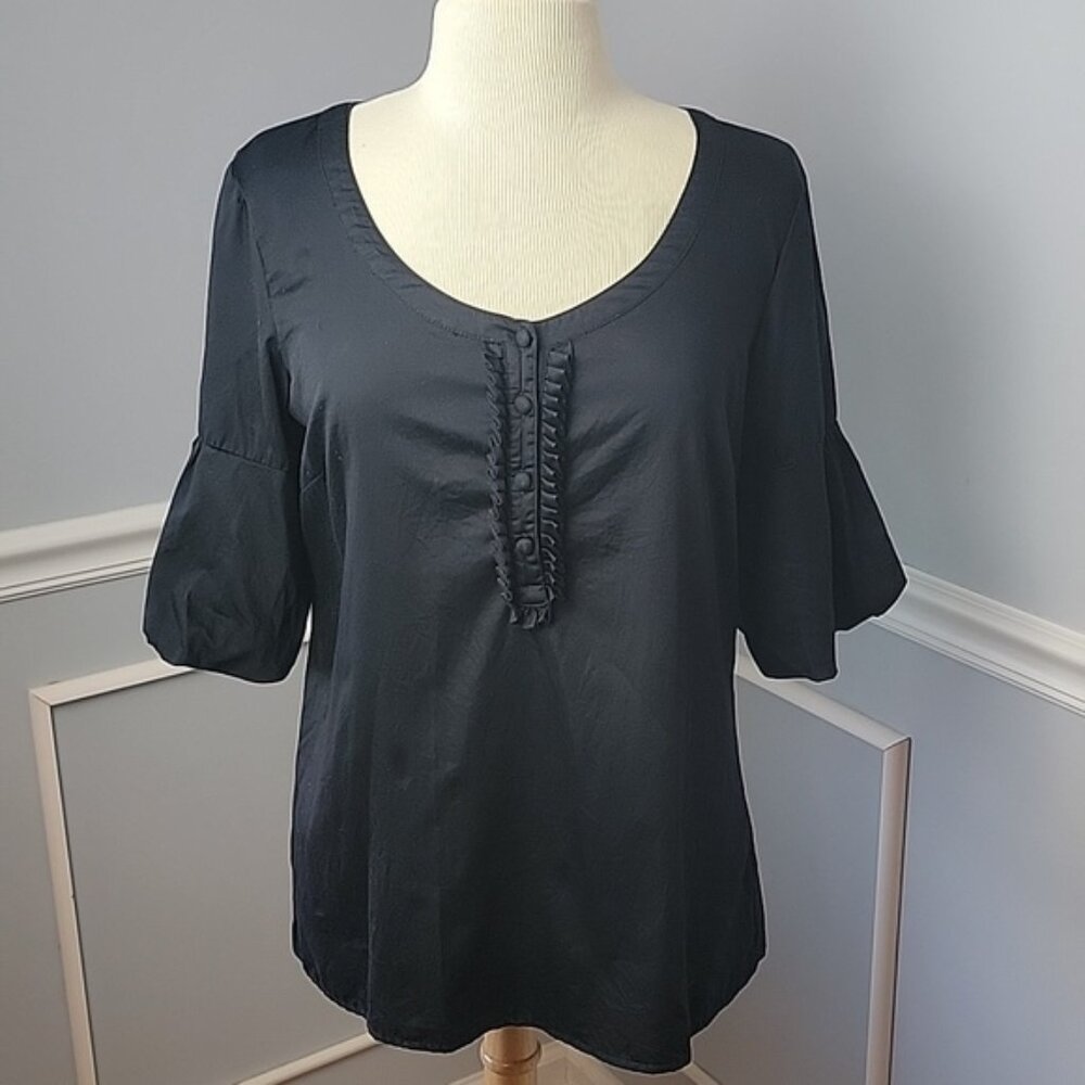 OLD NAVY Black Scoop Neck Balloon Short Sleeve Ruffle Y2K Button Office Blouse M